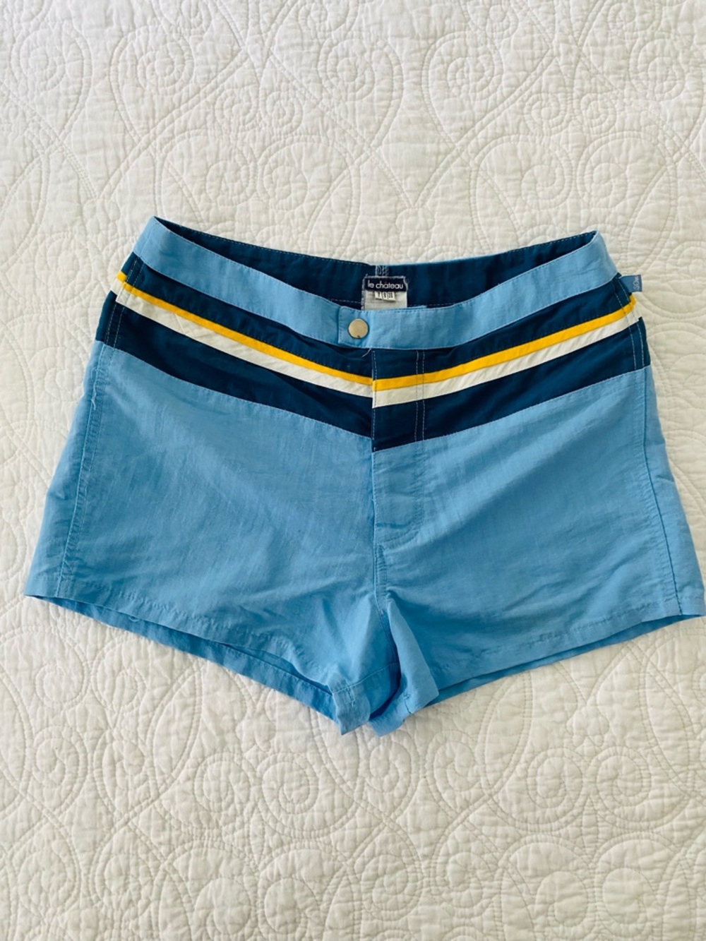 Vintage le chateau Light Blue High-Waist Shorts with Navy, White & Yellow Stripe